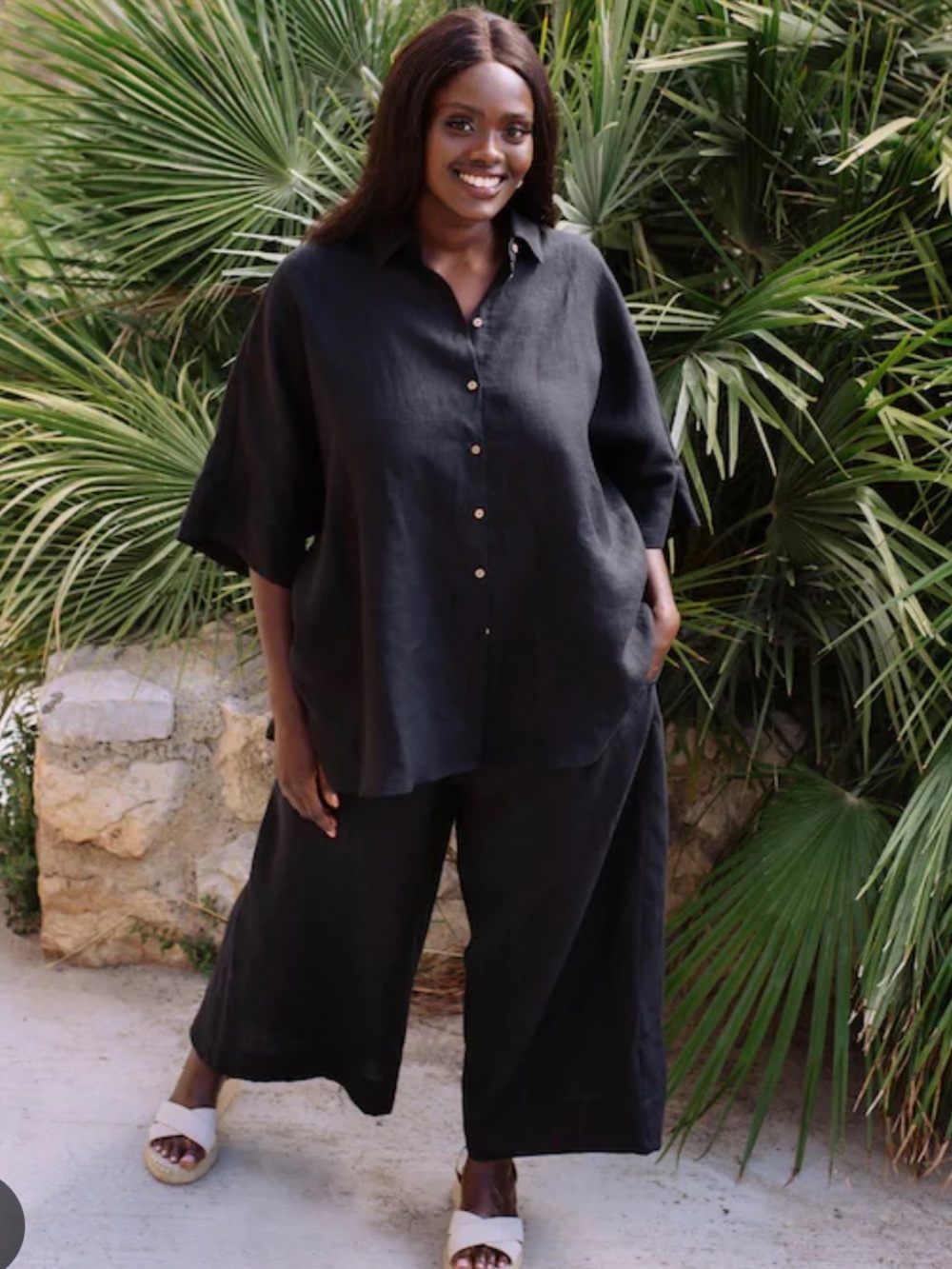 NWT Magic Linen 2 Piece Set - 100% Linen Black Button Down Top & Pull On Pants M